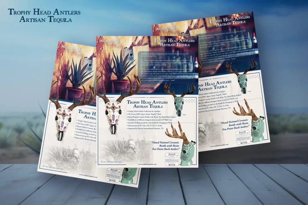 Three printed sales sheets fanned out