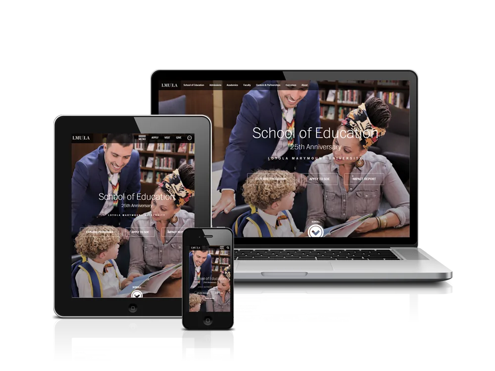 A university website on a laptop, a tablet and a phone