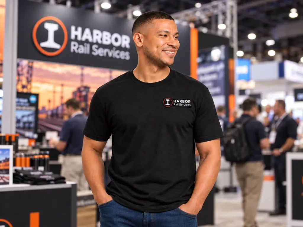A branded black T-shirt worn at a trade show booth