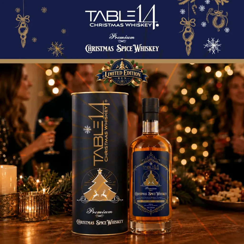 A holiday social post with a whiskey bottle and its gift tube
