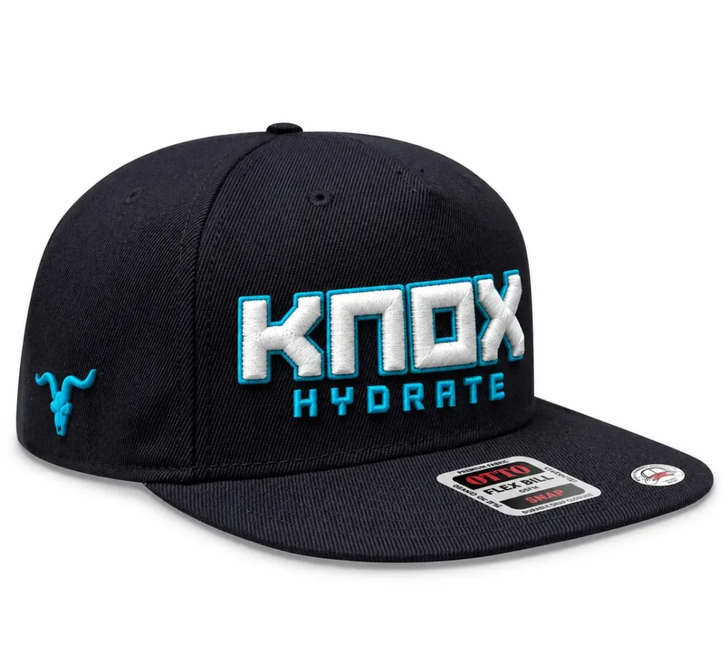 A black cap with an embroidered logo