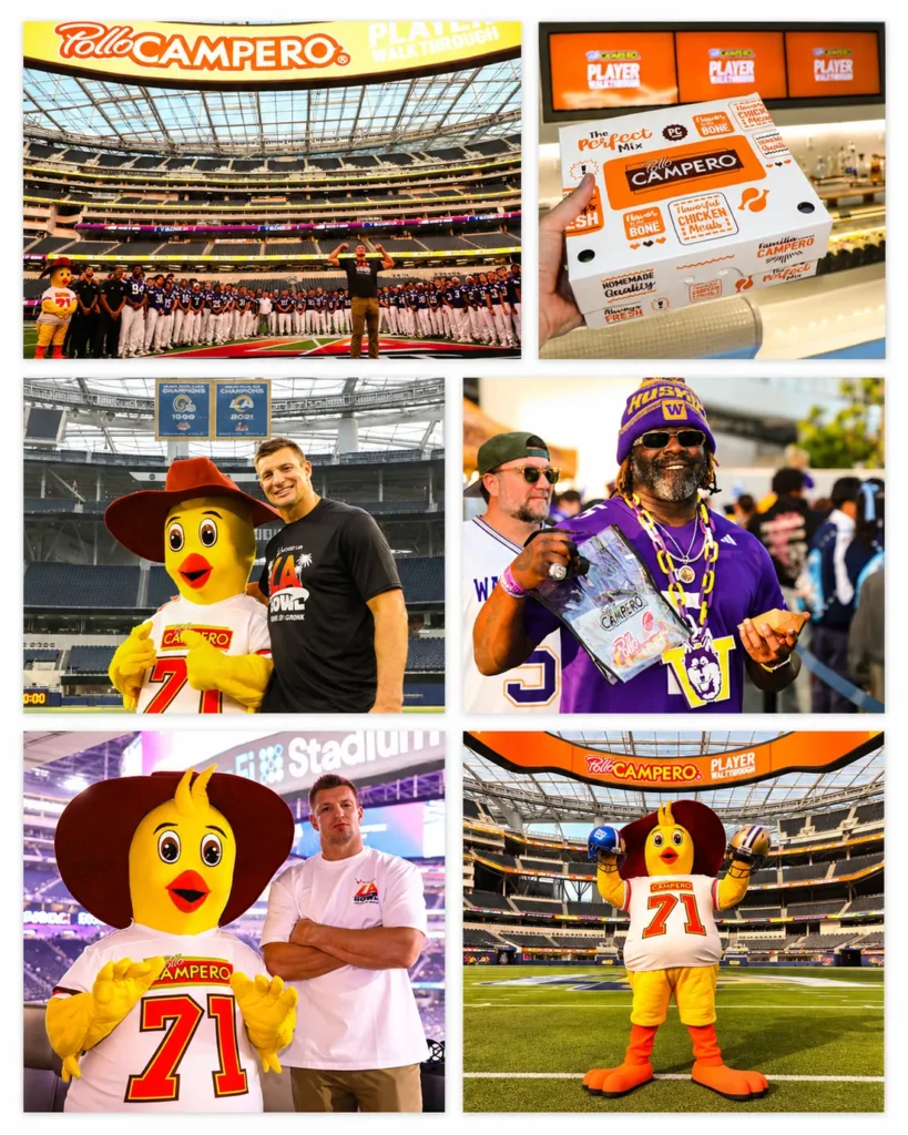 A collage of photos from a stadium event with a mascot
