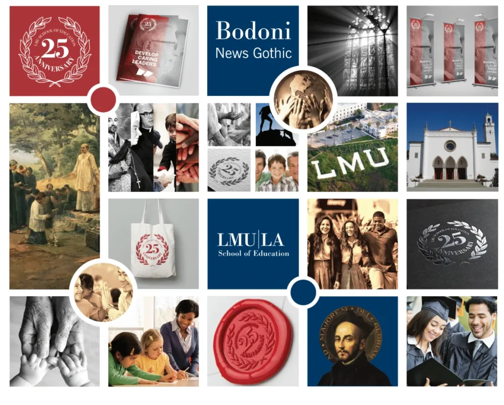 A brand moodboard for a university school of education anniversary