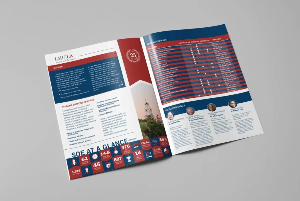 The inside pages of a university brochure, with facts and figures