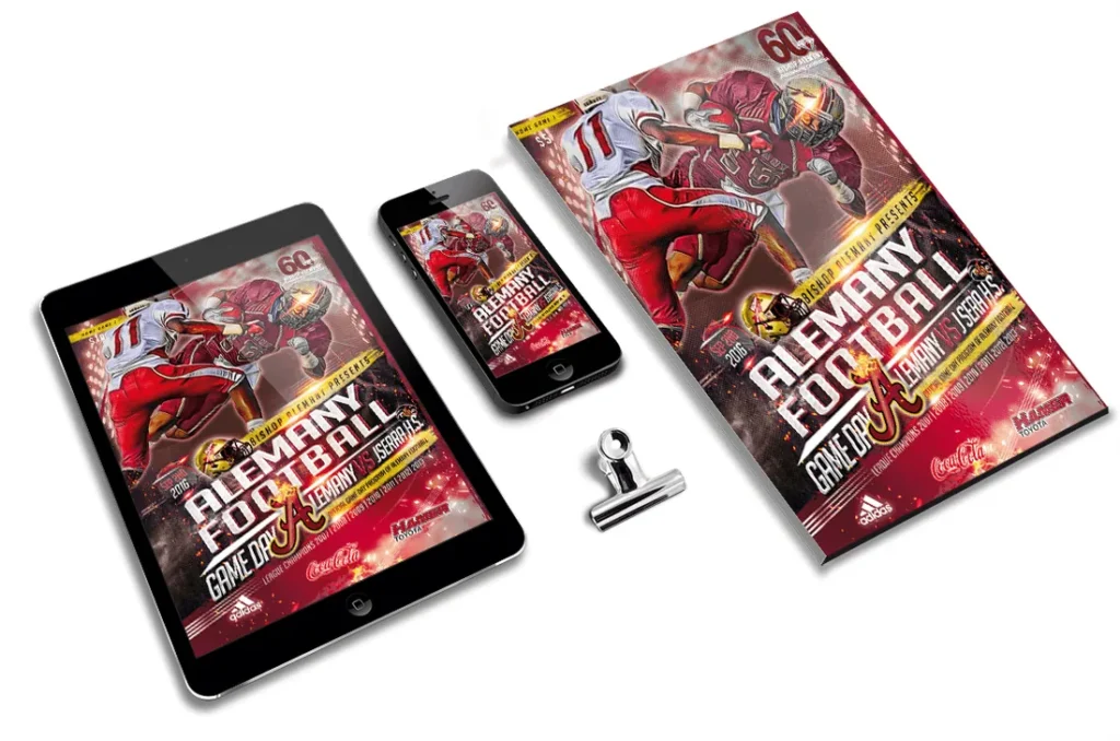 A football media guide on a tablet, a phone and in print