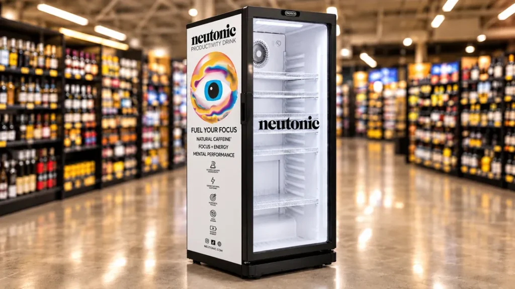 A branded drinks fridge in a shop aisle