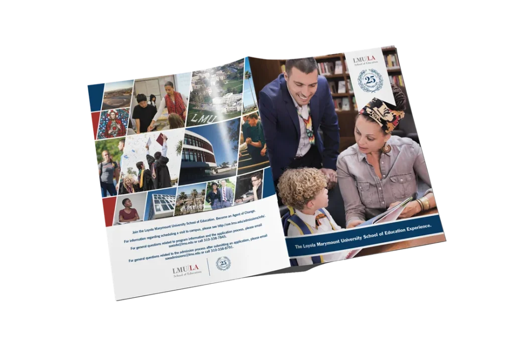 A two-page university brochure spread