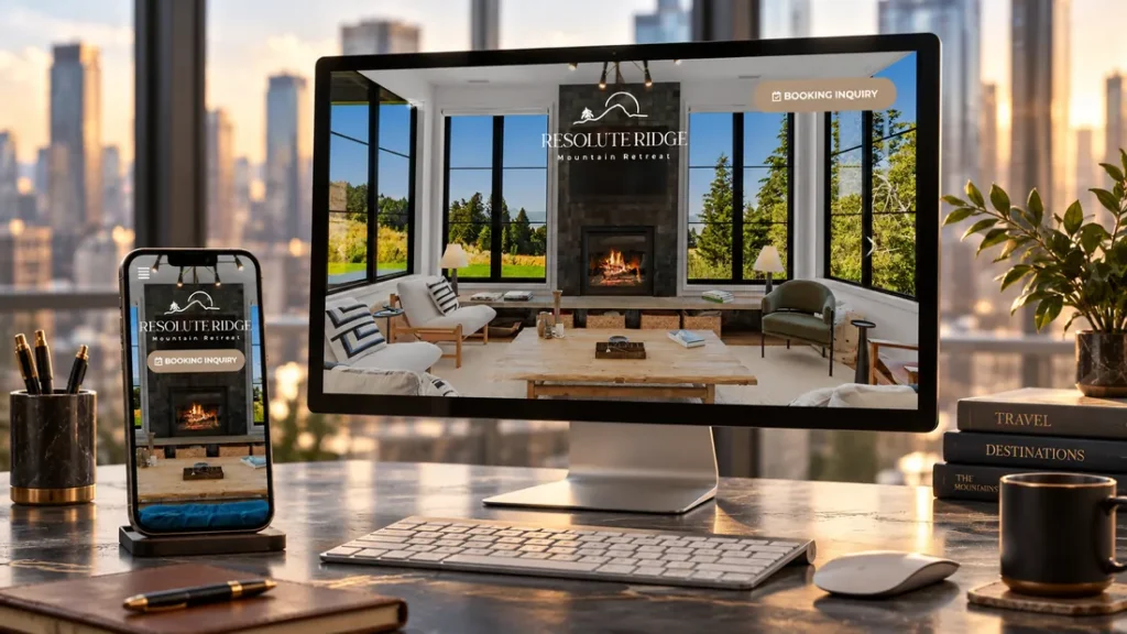 A website shown on a desktop screen and a phone