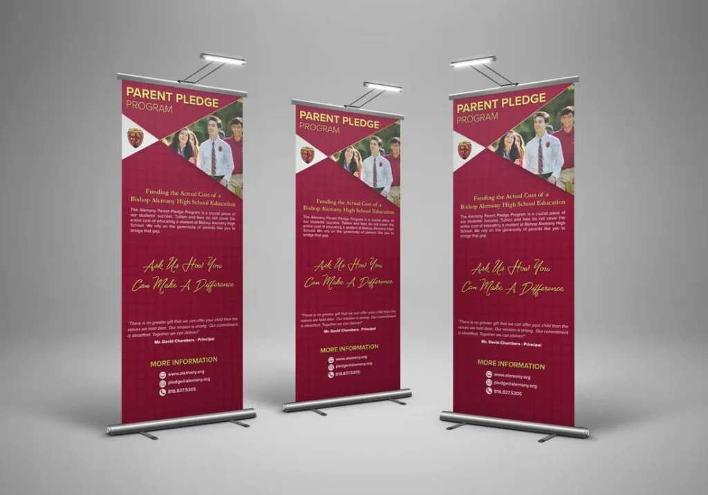 Three red pull-up banners for a school parent program