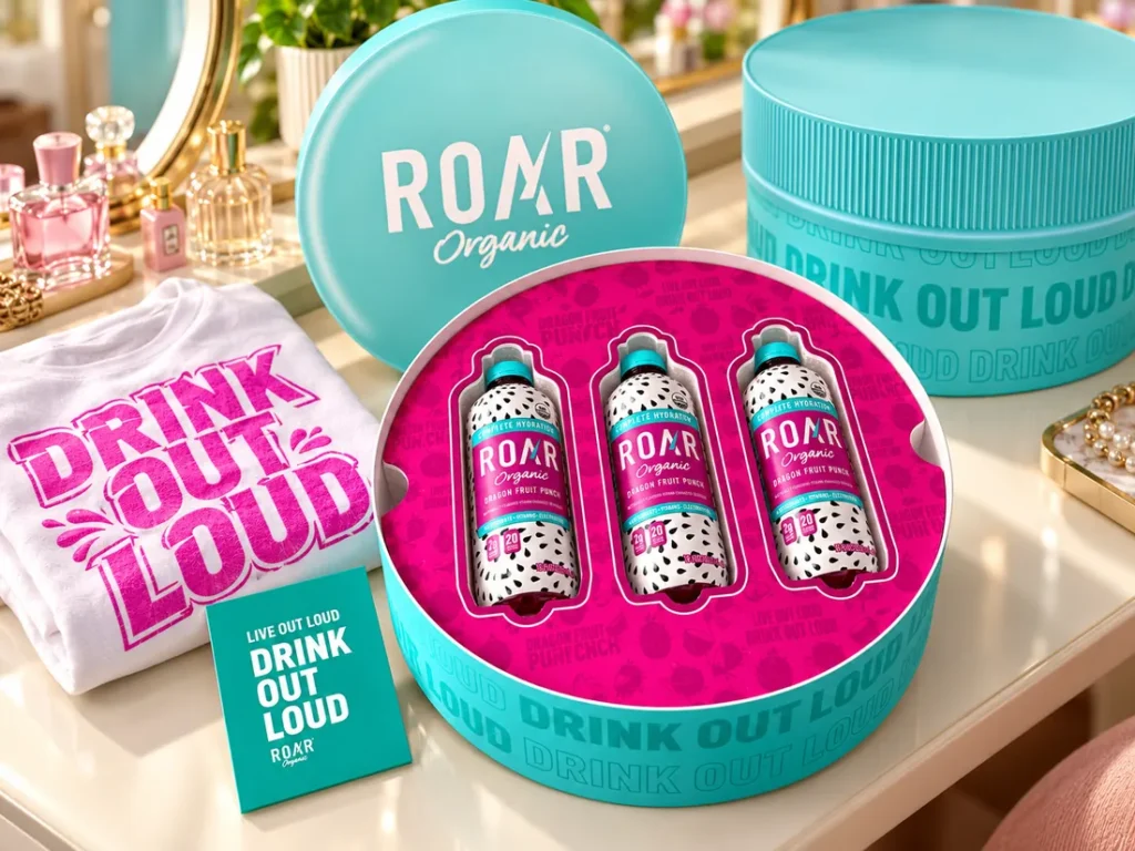 A round gift tin with three bottles, a shirt and a card
