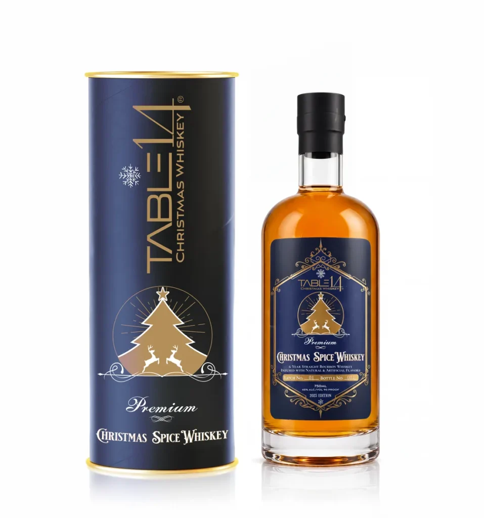 A whiskey bottle beside its gift tube